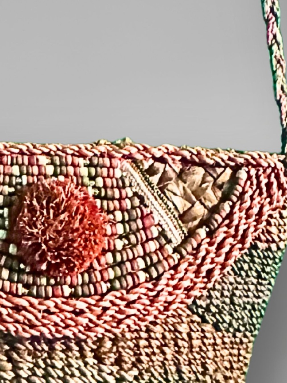 Handwoven Vintage Multicolor Straw and Beaded Crossbody Bag with Pom Pom